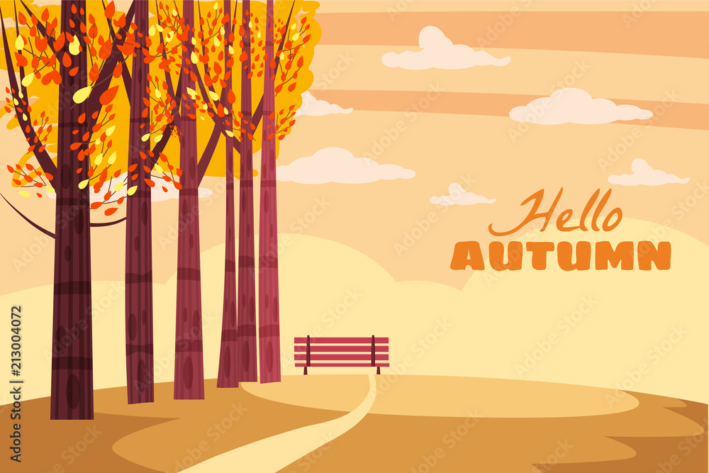 Obraz premium Autumn landscape, fall trees with yellow leaves, lonely bench for contemplation of autumn nature, vector, isolated, cartoon style