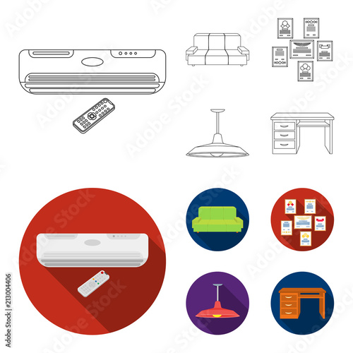 Comfortable sofa, letters and diplomas within the framework, an office ceiling lamp, a desk with drawers. Office Furniture set collection icons in outline,flat style vector symbol stock illustration