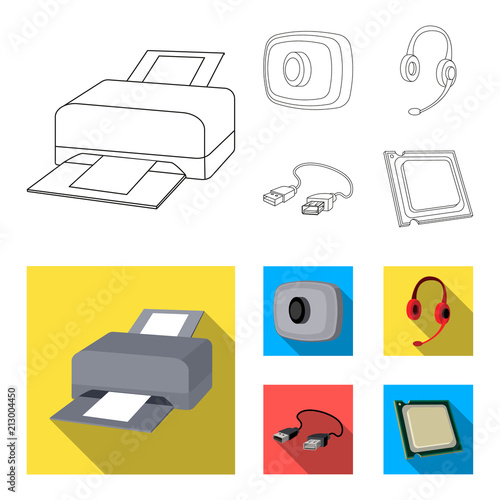Webcam, headphones, USB cable, processor. Personal computer set collection icons in outline,flat style vector symbol stock illustration web.