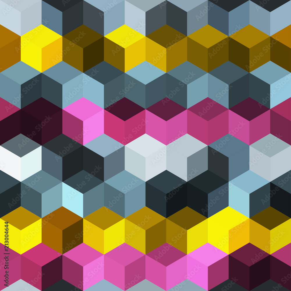 Hexagon grid seamless vector background. Stylized polygons bauhaus corners geometric design. Trendy colors hexagon cells pattern for banner or cover. Honeycomb cube shapes mosaic. Hexagon grid seamless vector background. Stylized polygons bauhaus corners geometric design. Trendy colors hexagon cells pattern for banner or cover. Honeycomb cube shapes mosaic.