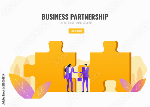Two business people handshake with puzzle in the background. Business teamwork and partnership concept. flat design vector illustration