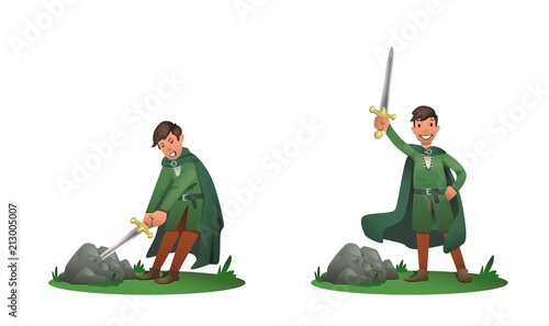Young King Arthur withdrawing Excalibur of the stone and holding it above the head. Set of two postures, cartoon character. Flat vector illustration. Isolated on white background.