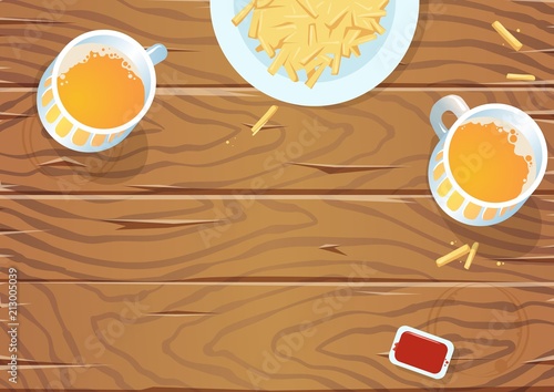 Wooden pub table with two beers and a plate of fries, top view. Copyspace. Flat vector illustration. Horizontal.