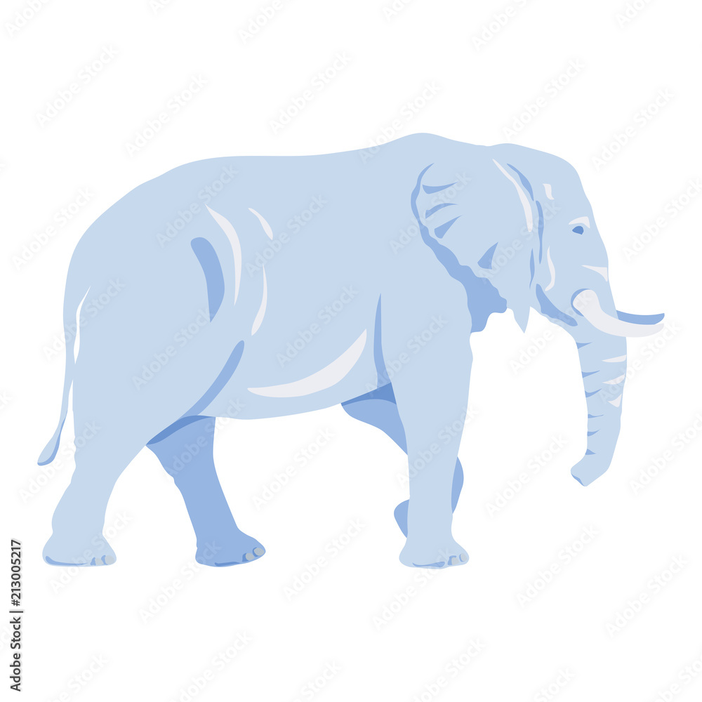 Cute big elephant silhouette isolated on white background, light blue and dark blue colors and shadows