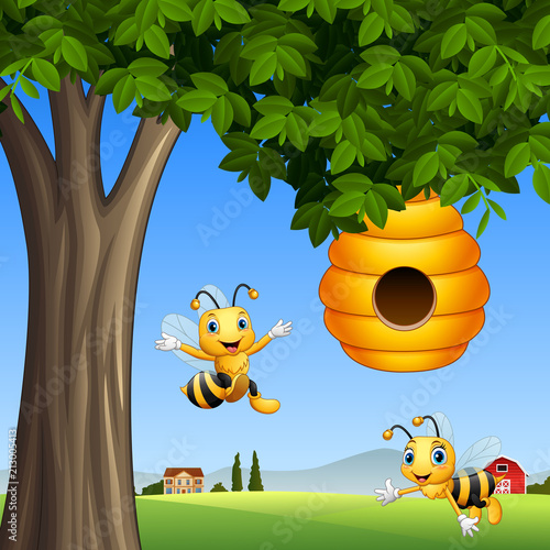 Cartoon bees with honey under a tree