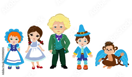 Illustration of Dorothy and the characters of the Emerald City. Wizard, flying monkey and munchkins. 