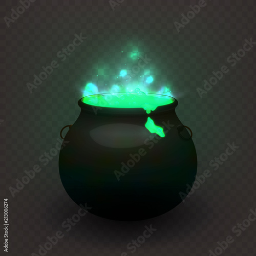 Stock vector illustration witches cauldron isolated on a transparent background. Brewed potion, decoction. Glowing fluid. EPS 10