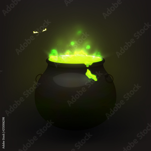 Stock vector illustration witches cauldron isolated on a transparent background. Brewed potion, decoction. Eyes in the dark. Glowing fluid EPS10