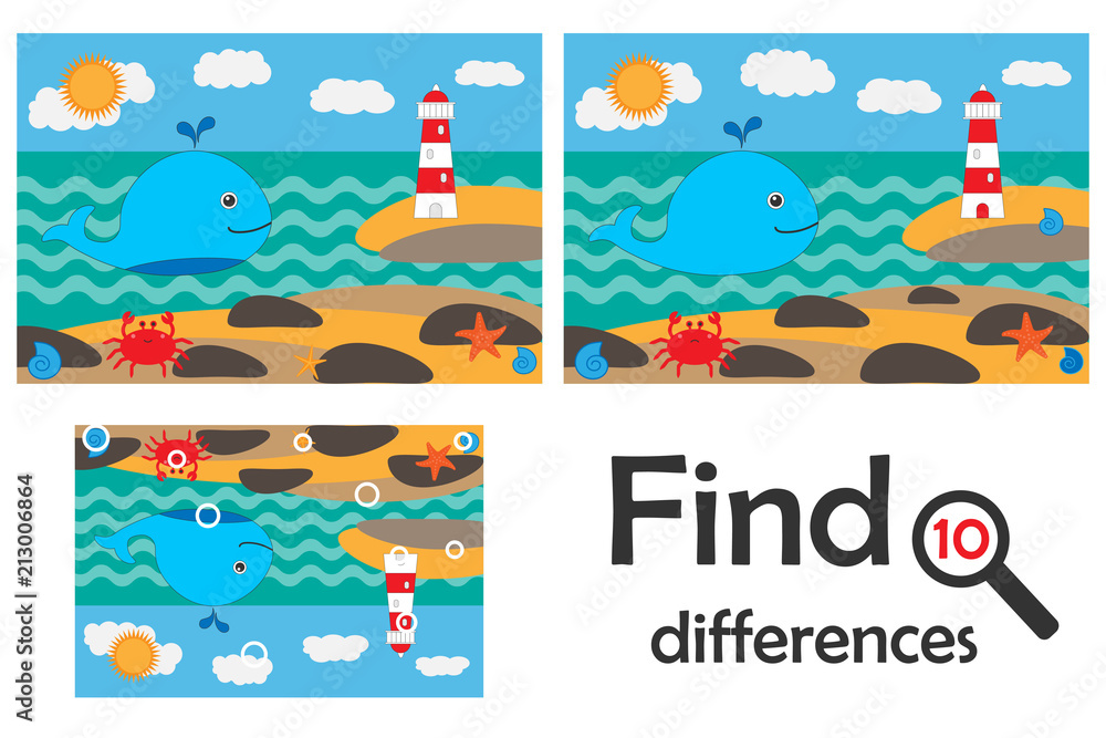 Find 10 differences, game for children, ocean life in cartoon style, education game for kids, preschool worksheet activity, task for the development of logical thinking, vector illustration