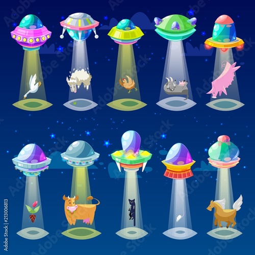 Ufo vector alien spaceship or spacecraft and spacy ship with animal character cat or pig illustration set of spaced sbeam of mystery transport in universe space isolated on background