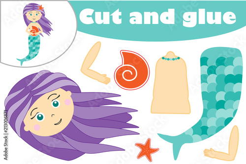 Mermaid in cartoon style, education game for the development of preschool children, use scissors and glue to create the applique, cut parts of the image and glue on the paper, vector illustration