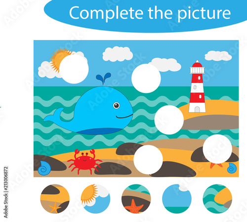 Complete the puzzle and find the missing parts of the picture, ocean life,  fun education game for children, preschool worksheet activity for kids, task for the development of logical thinking, vector