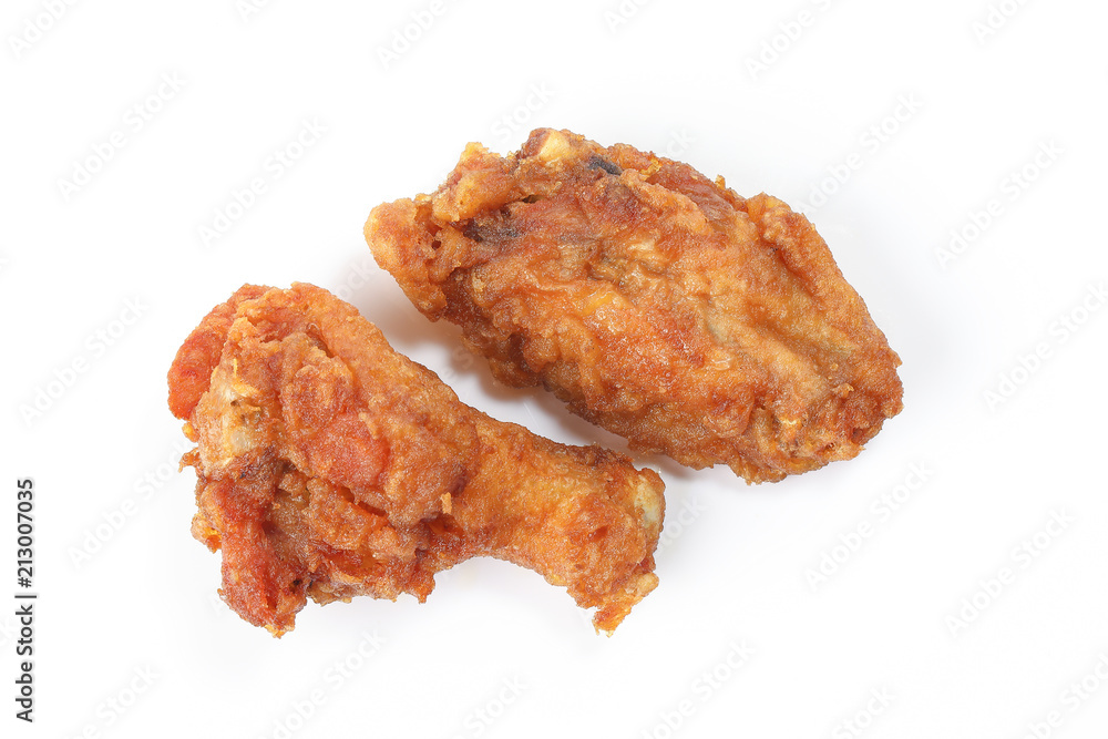 Deep Fried Chicken Wings Drumstick Nuggets Popcorns on white background