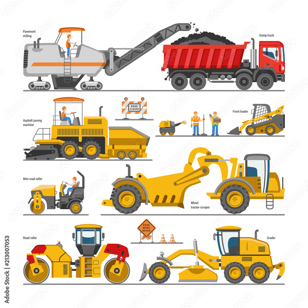 Excavator for road construction vector digger or bulldozer 
