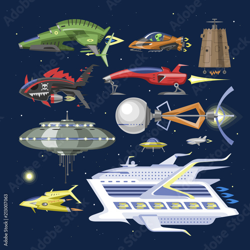 Spaceship vector spacecraft or rocket and spacy ufo illustration set of spaced ship or rocketship in universe space isolated on background