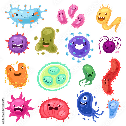 Viruses vector cartoon bacteria emoticon character of bacterial infection or ilness in microbiology illustration microbiology set of microbe organism emotions isolated on white background