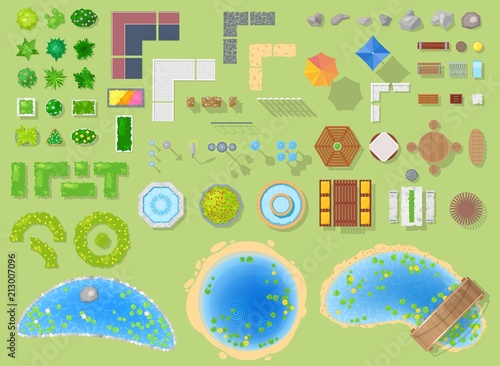 Park vector landscape of parkland with green garden trees and fountain or pond in city illustration set of parkway in cityscape isolated on background
