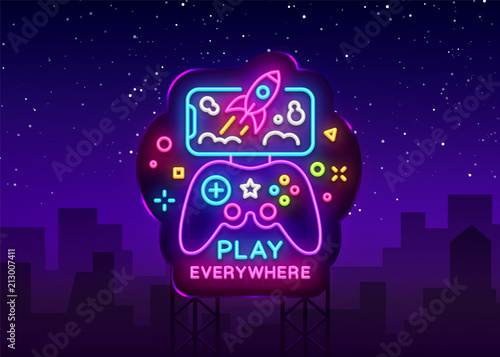 Gamepad and Smartphone neon sign vector. Games for Smartphone Logotype, Emblem Modern Trend Design, Vector Template, Light Banner, Night Vivid Video Game Promotion, Design Element. Vector Billboard