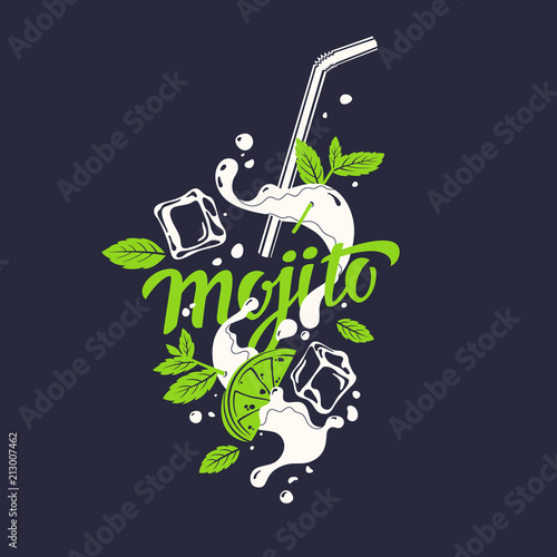 Modern hand drawn lettering label for alcohol cocktail Mojito. Handwritten inscriptions for layout and template.