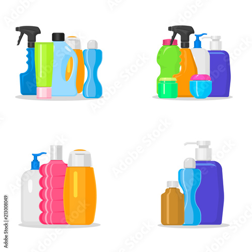 Bottles vector household chemicals supplies and cleaning housework plastic detergent liquid domestic fluid bottle cleaner pack illustration.