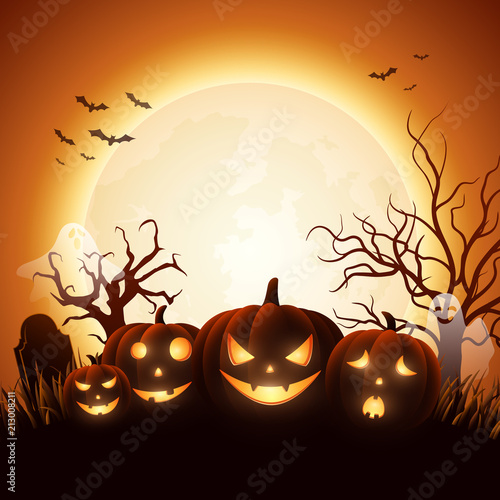 Cartoon Halloween pumpkins with white ghost