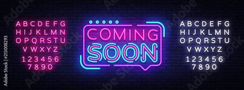 Coming Soon Neon Sign Vector. Coming Soon Badge in neon style, design element, light banner, announcement neon signboard, night advensing. Vector Illustration. Editing text neon sign
