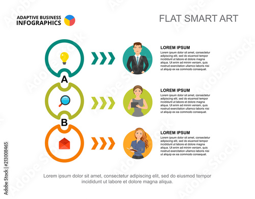 Three business ideas process chart template. Business data. Abstract elements of diagram, graphic. Partnership, startup, marketing, teamwork creative concept for infographic, project layout.