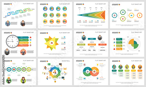 Colorful basketball or marketing concept infographic charts set. Business design elements for presentation slide templates. Can be used for financial report, workflow layout and brochure design.