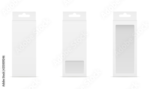 Set of three boxes with transparent window and hanger. Packaging for mobile accessories. Vector illustration