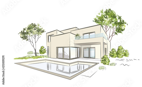 Architectural project exklusive detached house. Vector illustration