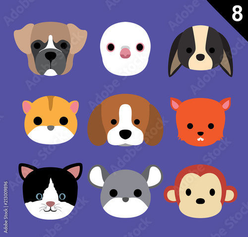 Flat Animal Faces Icon Cartoon Vector Set 8 (Pet)