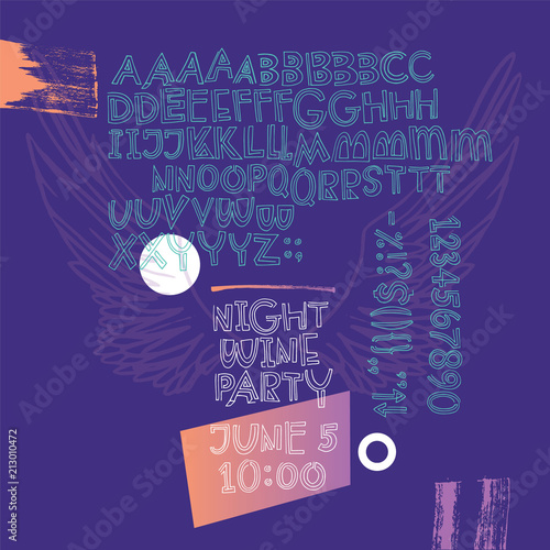 Night party poster. Expressive geometric naughty script with alternative letters