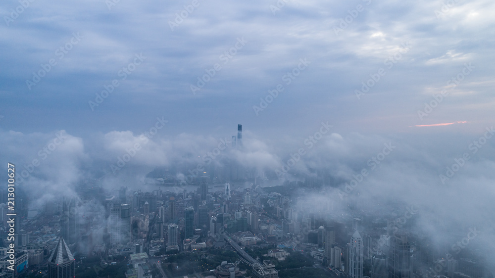 Aerial View of Shanghai city in the morning fog Aerial View of Shanghai city in the morning fog