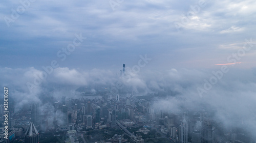 Aerial View of Shanghai city in the morning fog