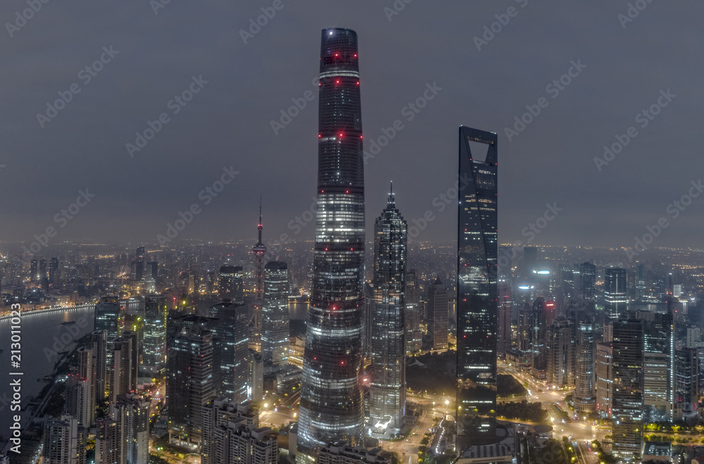 aerial view of skyscrapers in Shanghai city in the morning