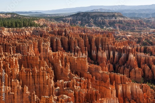 View of Bryce Amphitheater from Inspiration Point, coloured rock formations, fairy chimneys, morning light, Bryce Canyon National Park, Utah, USA, North America
