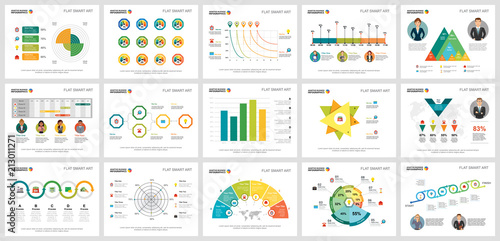 Colorful analytics or logistics concept infographic charts set. Business design elements for presentation slide templates. For corporate report, advertising, leaflet layout and poster design.