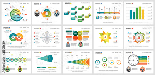 Colorful consulting or marketing concept infographic charts set. Business design elements for presentation slide templates. Can be used for financial report, workflow layout and brochure design.