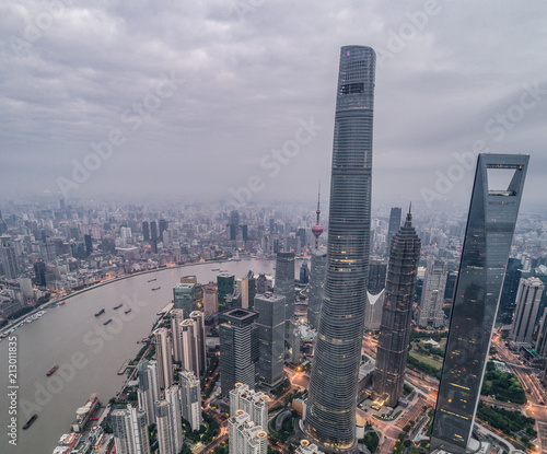 aerial view of skyscrapers in Shanghai city in the morning