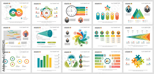 Colorful finance or teamwork concept infographic charts set. Business design elements for presentation slide templates. For corporate report, advertising, leaflet layout and poster design.