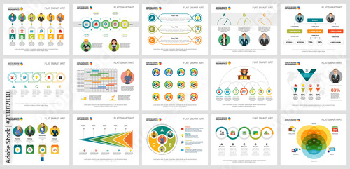 Colorful planning and marketing concept infographic charts set. Business design elements for presentation slide templates. Can be used for financial report, workflow layout and brochure design.