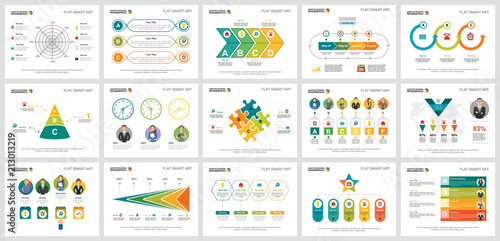 Colorful research or teamwork concept infographic charts set. Business design elements for presentation slide templates. For corporate report, advertising, leaflet layout and poster design.