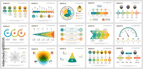 Colorful research or training concept infographic charts set. Business design elements for presentation slide templates. For corporate report, advertising, leaflet layout and poster design.