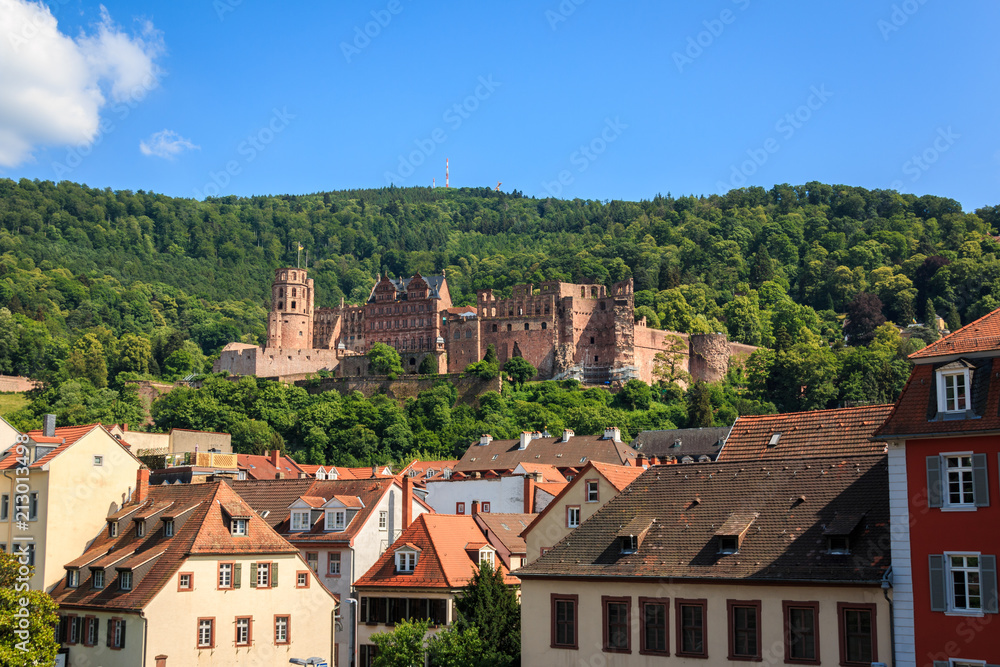 Nahaufname von der Alten Brücke auf das Heidelberger Schloss, Heidelberg, Baden Württemberg, Deutschland