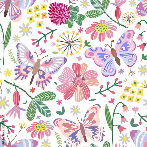 Vector summer meadow seamless pattern. Flowers, butterfly