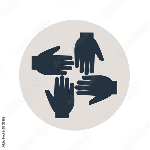 Icono plano cuatro manos en circulo gris