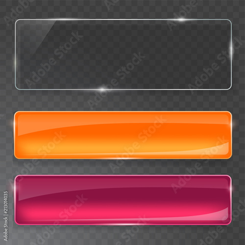 Glass plates set. Vector glass banners on transparent background.