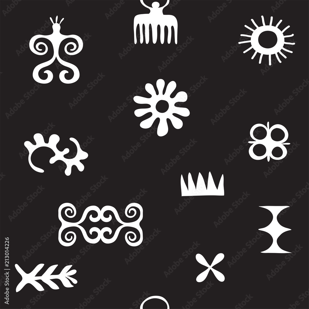 African symbols, pattern with trybal icons, hieroglyph, ancient characters