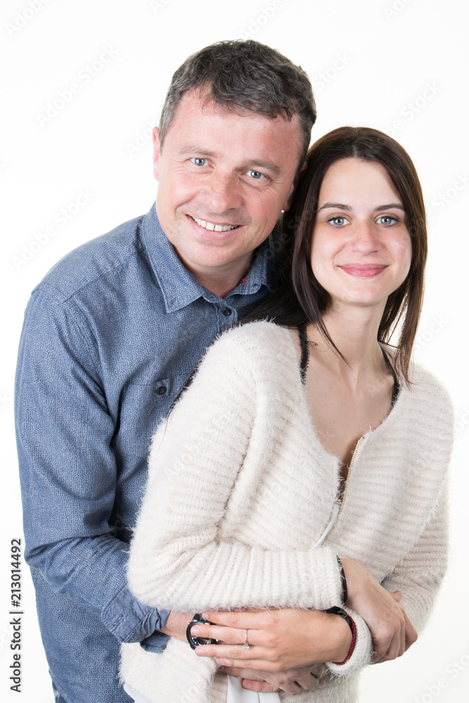 Couple happy hug in Love over white background Couple happy hug in Love over white background