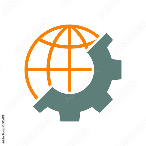 Icono plano mundo y engranaje en gris y naranja
